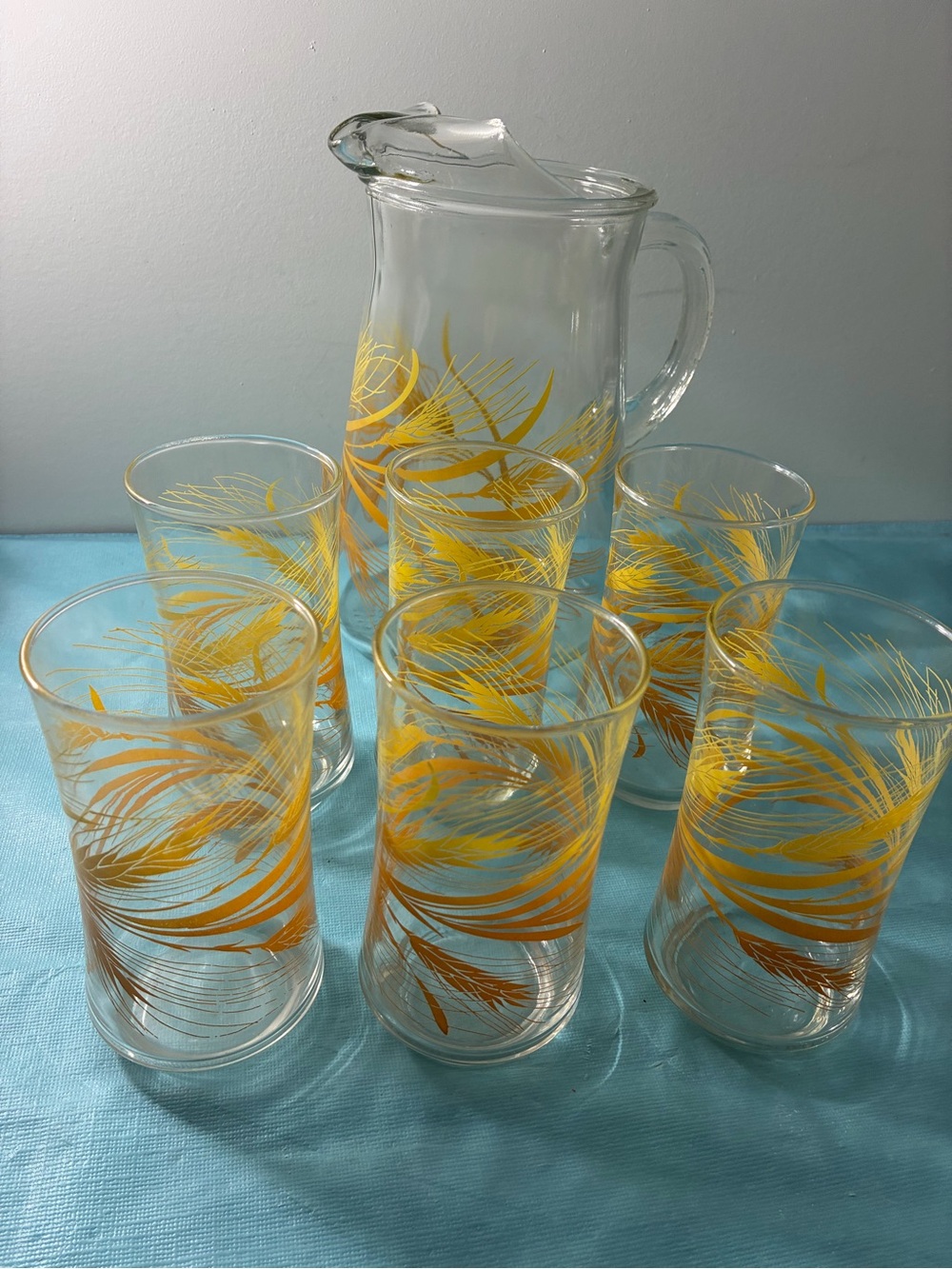 Vintage MCM Libbey Golden Harvest Wheat Pitcher With 6 Glasses